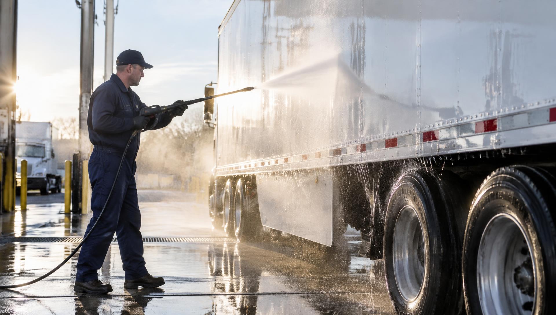 Technician pressure washing the side of a semi trailer
