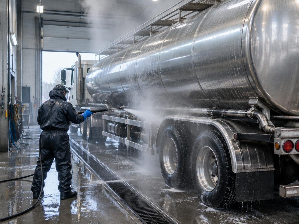 Tanker truck being washed in an industrial wash bay