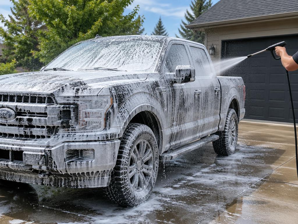 Pickup truck being rinsed after a foam wash