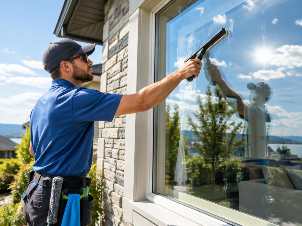 Window cleaner squeegeeing a large window